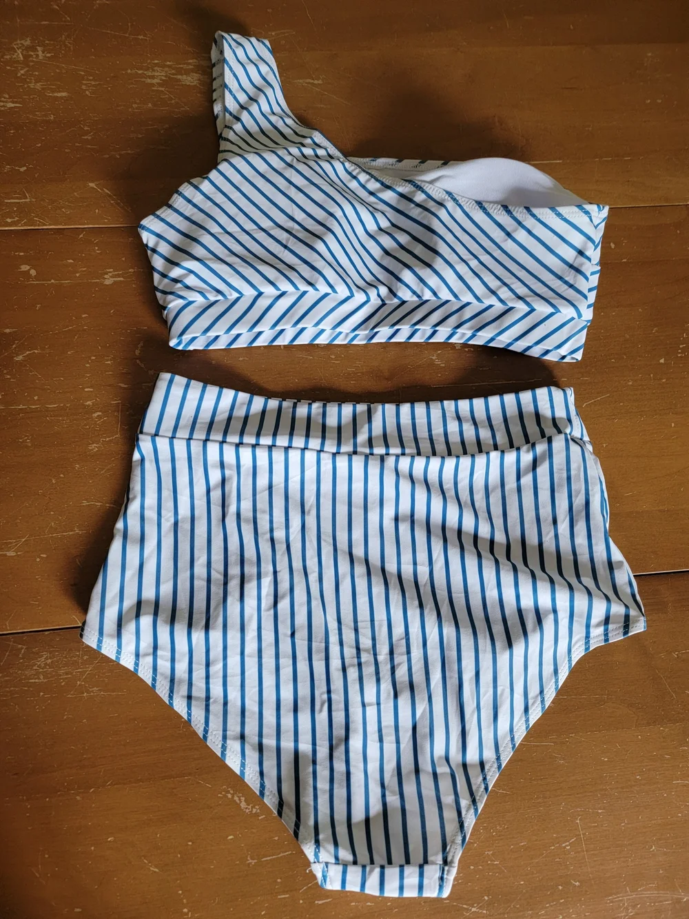 3 Piece Bikini Set One Shoulder Top With Two Coordinating Bottoms Blue/White S